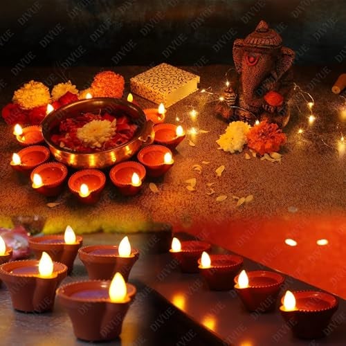 DIVUE Water Sensor Diya Lights Electric Flameless & Smokeless (12 PCS) Diya, Eco-Friendly Led Diyas Candle E-Diya Warm Ambient Lights for Home Decor, Diwali New Year Festivals Decoration(Red Diya 12) - Image 2
