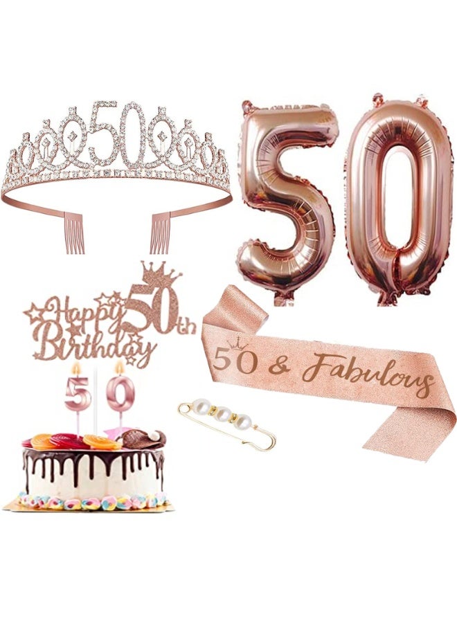 هاي هيلوك زينة عيد ميلاد 50 ، بما في ذلك زخرفة كعكة عيد الميلاد 50 ، حزام ملكة عيد الميلاد مع دبوس لؤلؤي ، تاج حجر الراين الحلو ، شمعة رقمية ومجموعة بالون ، ذهب وردي
