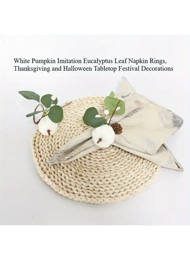 White Pumpkin And Eucalyptus Leaf Napkin Ring Autumn Thanksgiving Table Decor - Image 2