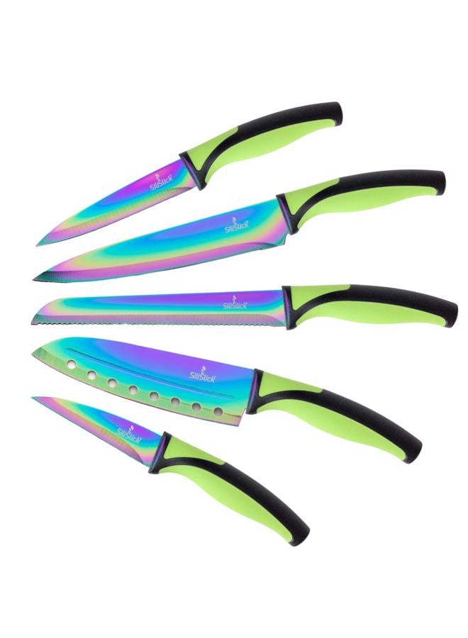 SiliSlick Kitchen Knife Set - 5 Elegant Knives, Chef Quality, SS Blades With Ergonomic Handles, Rainbow Effect, Titanium Coating & Safety Sheath. (Green) - Image 1