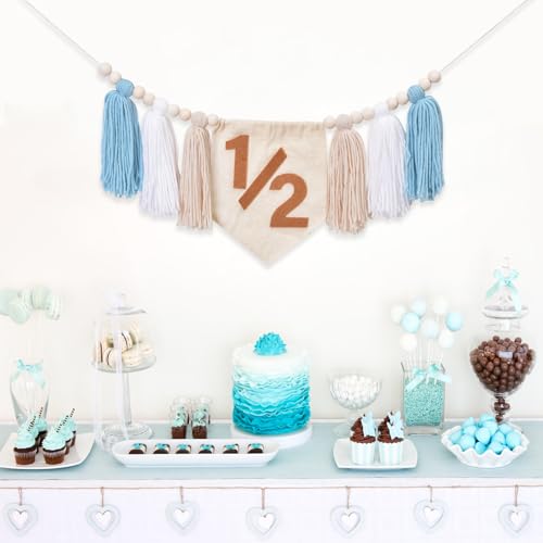 Dokuna Half Birthday High Chair Banner - Dokuna Boys 1/2 Half Birthday Party Decorations Photo Backdrop, Half Way to One Decorations for Boys (Khaki) - Image 2
