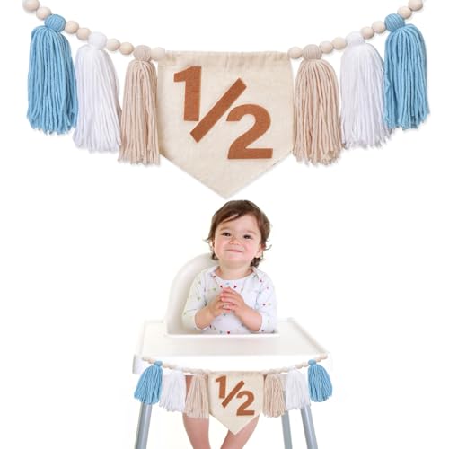 Dokuna Half Birthday High Chair Banner - Dokuna Boys 1/2 Half Birthday Party Decorations Photo Backdrop, Half Way to One Decorations for Boys (Khaki) - Image 1