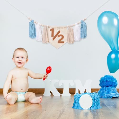 Dokuna Half Birthday High Chair Banner - Dokuna Boys 1/2 Half Birthday Party Decorations Photo Backdrop, Half Way to One Decorations for Boys (Khaki) - Image 3