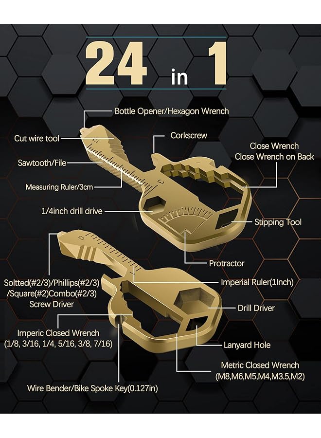 KASTWAVE Multifunction Tool Keychain Multitool 24 In 1 Key Tool Portable Key Shaped Pocket Tools Hand Tools Repair Gadgets Ruler Bottle Opener Drill Drive Screwdriver Hex Wrench (Gold) - Image 5