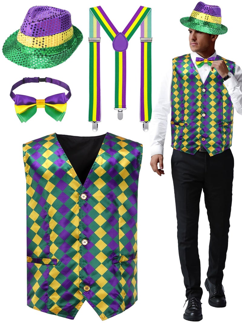 ShinyMatch 4 Pcs Mardi Gras Vest Outfits for Men Adults Suspenders Sequin Hat Bowtie Accessories for Carnival Parade(XX Large) - Image 1