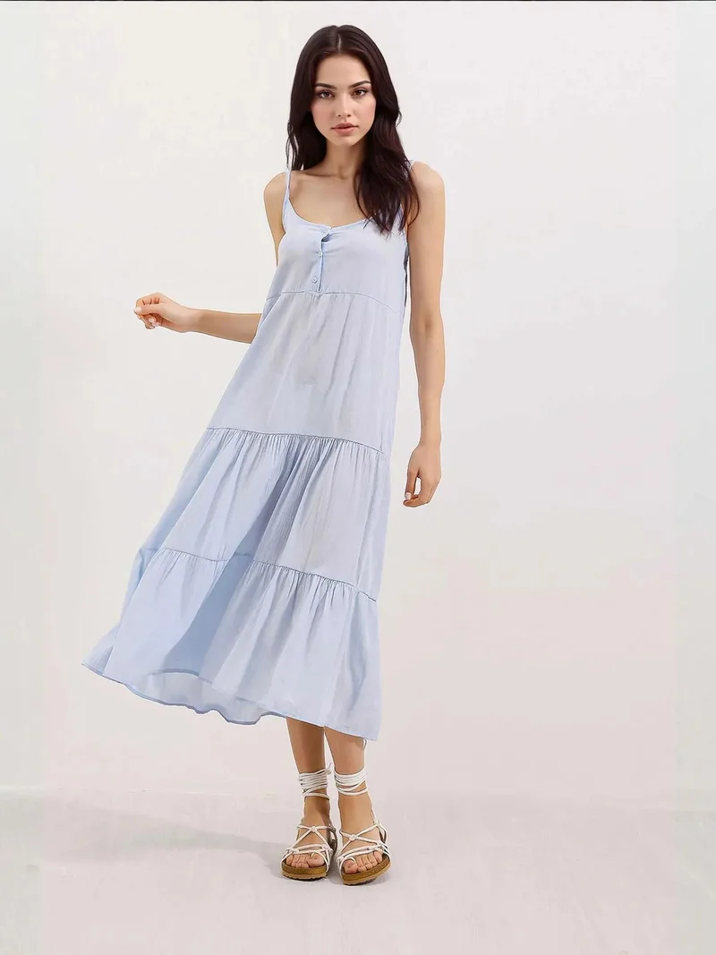 Big Dart Maya Blue BDART Loose Fit Midi Dress with Square Collar for Women | Best Price UAE