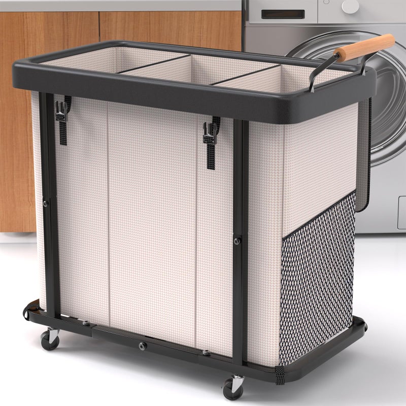 kunlabori 230L (60 Gal) Extra Large Fashion Laundry Sorter 3 Section with Lid, Rolling Laundry Basket Hamper with Handle, Laundry Organizer Storage Cart with Sturdy Metal Frame for Laundry Room, Hotel, White - Image 1
