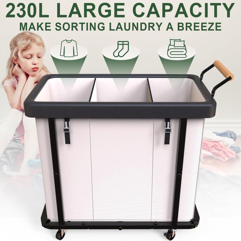 kunlabori 230L (60 Gal) Extra Large Fashion Laundry Sorter 3 Section with Lid, Rolling Laundry Basket Hamper with Handle, Laundry Organizer Storage Cart with Sturdy Metal Frame for Laundry Room, Hotel, White - Image 2