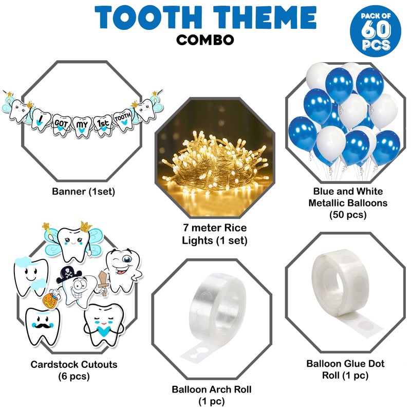 Zyozique I Got My First Tooth Decoration First Tooth Decoration Kit Paper Banner Cardstock Cutout Rice Light with Balloons Pack of 60 - Image 2