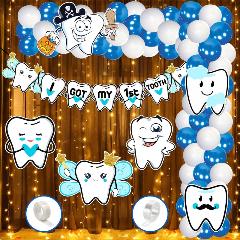 Zyozique I Got My First Tooth Decoration First Tooth Decoration Kit Paper Banner Cardstock Cutout Rice Light with Balloons Pack of 60 - Image 1