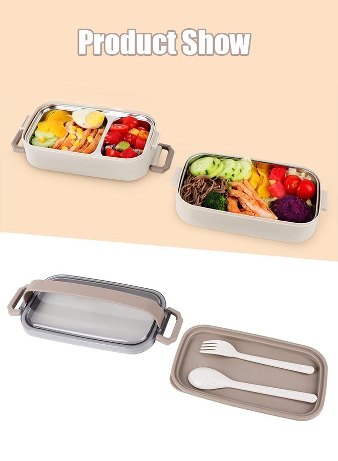 JoyousSto 304 Stainless Steel 2 Compartments&2 Layer Lunch Box With Tableware for Adults&Kids,Leakproof Bento Box Divided Food Meal Multifunctional  Containers Set Stackable - Image 2