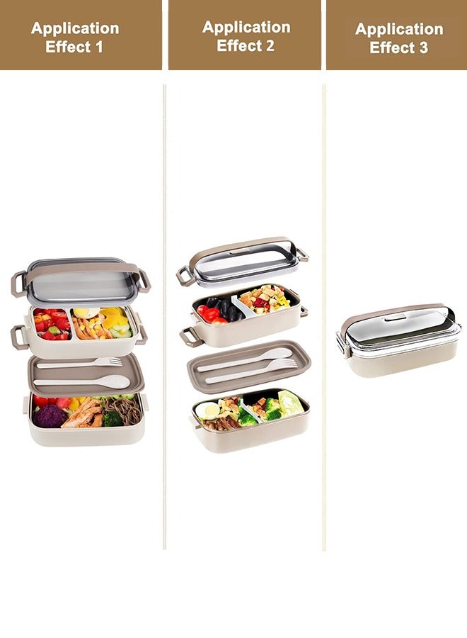 JoyousSto 304 Stainless Steel 2 Compartments&2 Layer Lunch Box With Tableware for Adults&Kids,Leakproof Bento Box Divided Food Meal Multifunctional  Containers Set Stackable - Image 4