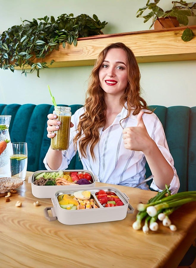 JoyousSto 304 Stainless Steel 2 Compartments&2 Layer Lunch Box With Tableware for Adults&Kids,Leakproof Bento Box Divided Food Meal Multifunctional  Containers Set Stackable - Image 5