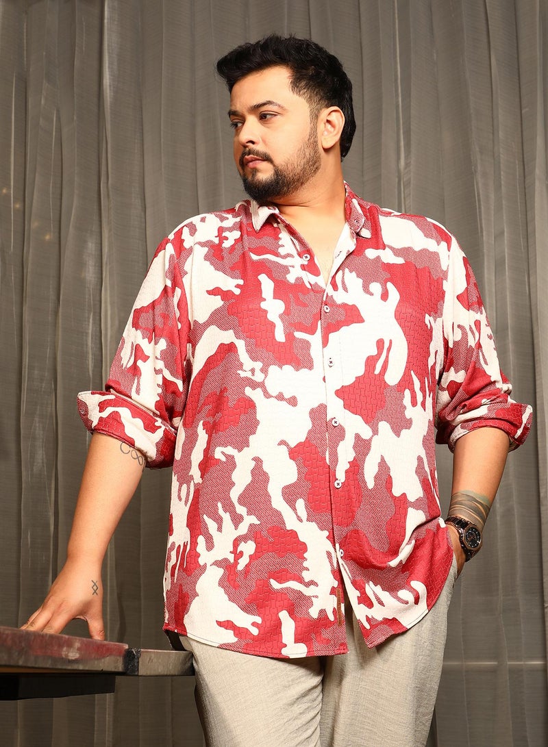 Instafab Plus Instafab Plus Men's Scarlet Red Camou-Tactile Shirt For Casual Wear | Spread Collar | Long Cuffed Sleeves | Button Closure | Plus Size Shirt Crafted With Comfort Fit For Everyday Wear  - Image 1