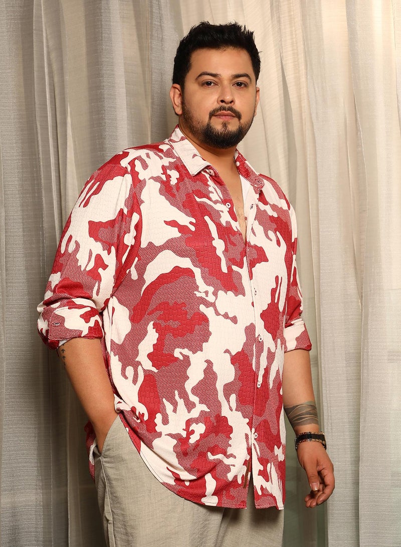 Instafab Plus Instafab Plus Men's Scarlet Red Camou-Tactile Shirt For Casual Wear | Spread Collar | Long Cuffed Sleeves | Button Closure | Plus Size Shirt Crafted With Comfort Fit For Everyday Wear  - Image 3