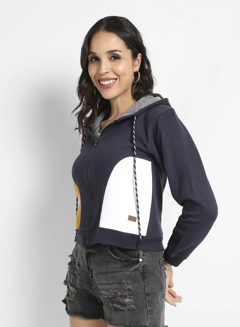 Pinacolada  Women's Prussian Blue Zip-Front Hooded Sweatshirt With Contrast Panels for Women | Best Price UAE