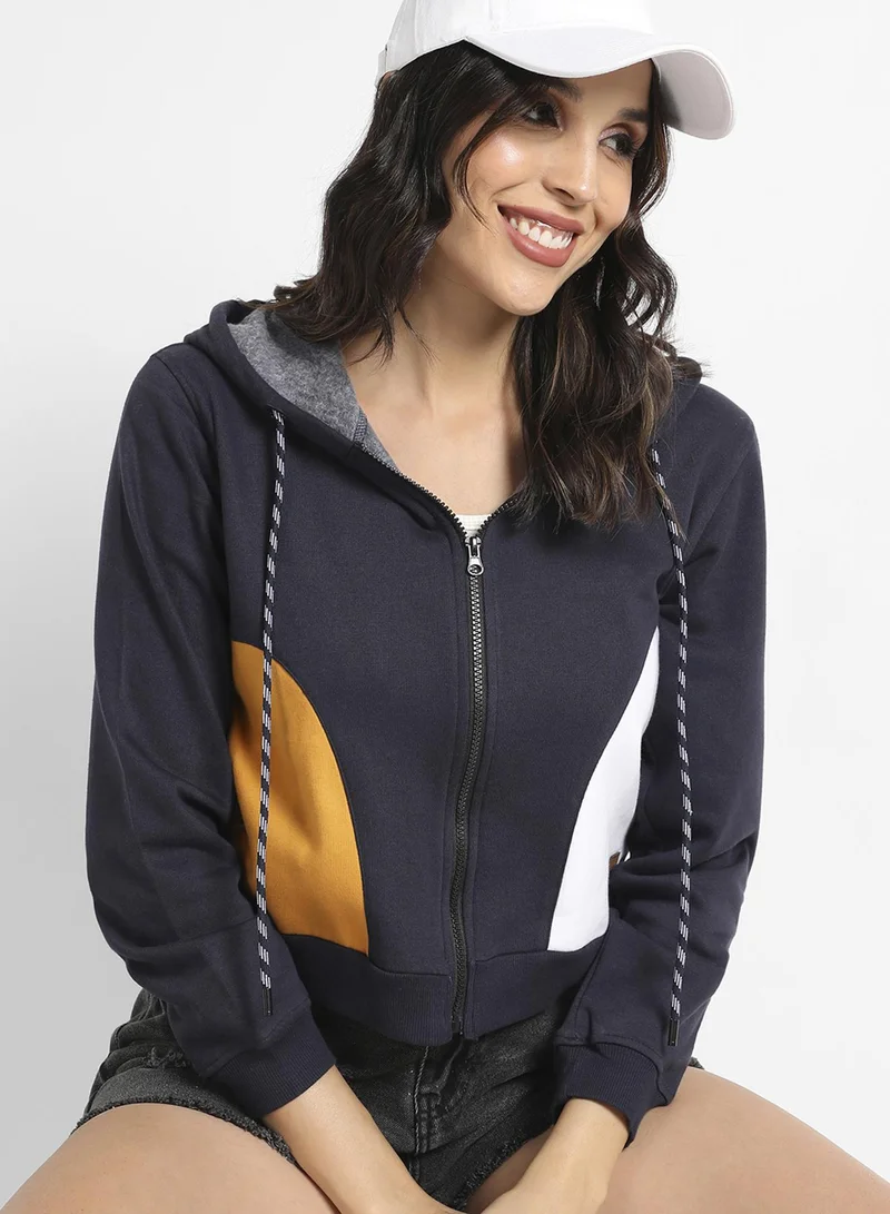 Campus Sutra Women's Prussian Blue Zip-Front Hooded Sweatshirt With Contrast Panels