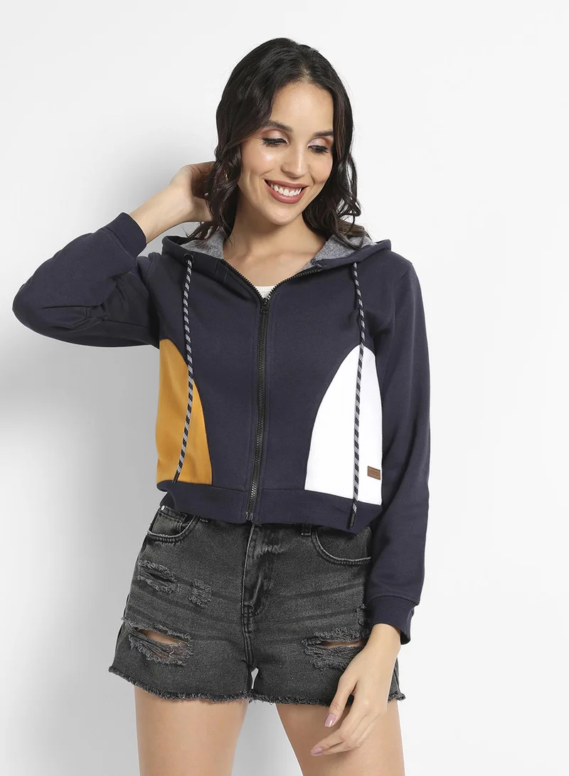 Campus Sutra Women's Prussian Blue Zip-Front Hooded Sweatshirt With Contrast Panels