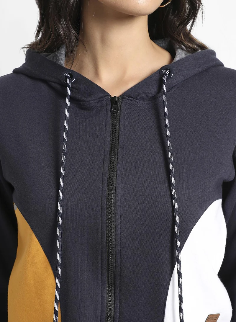 Pinacolada  Women's Prussian Blue Zip-Front Hooded Sweatshirt With Contrast Panels for Women | Best Price UAE