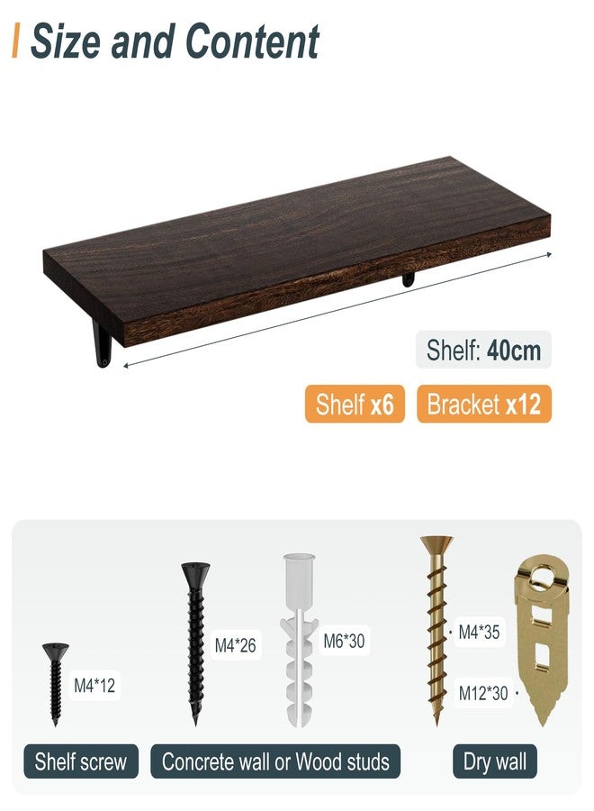 SKYSEN Floating Shelves for Wall Set of 6, 15.7in Wood Wall Shelf for Decor, Bathroom, Bedroom, Storage, Book,Kitchen, Living Room - Dark Brown(fs-40-d) - Image 3