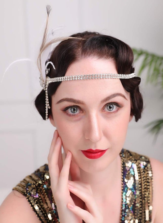 Aimimier Bridal 1920s Flapper Feather Headband with Crystal Head Chain Tassel White Feather Roaring 20s Headpiece Prom Party Festival Hair Accessories for Women - Image 5