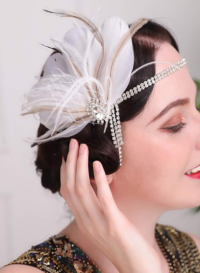 Aimimier Bridal 1920s Flapper Feather Headband with Crystal Head Chain Tassel White Feather Roaring 20s Headpiece Prom Party Festival Hair Accessories for Women - Image 1