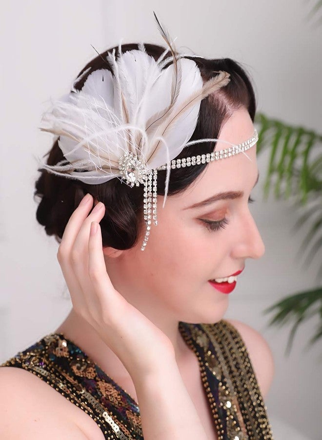 Aimimier Bridal 1920s Flapper Feather Headband with Crystal Head Chain Tassel White Feather Roaring 20s Headpiece Prom Party Festival Hair Accessories for Women - Image 4