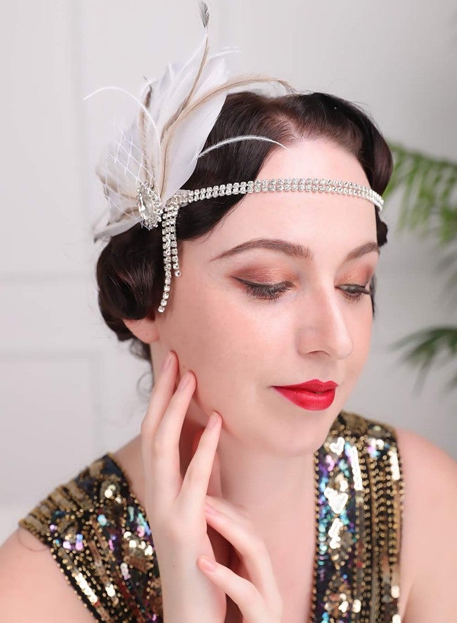 Aimimier Bridal 1920s Flapper Feather Headband with Crystal Head Chain Tassel White Feather Roaring 20s Headpiece Prom Party Festival Hair Accessories for Women - Image 3