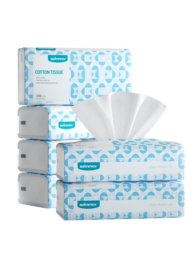 Winner Soft Face Towels - 100% USA Cotton Dry Wipes, 600 Count Unscented Cotton Tissues for Sensitive Skin, OEKO-TEX Certified Face Towelettes Disposable, Makeup Remover Facial Towels, 6 Pack - Image 1