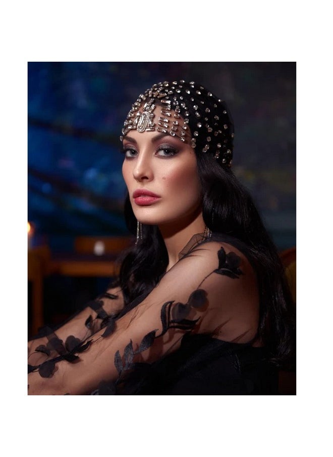 STONEFANS Tonefans 1920S Crystal Flapper Headpiece Cap For Women Bridal Rhinestone Mesh Headband Cleopatra Costume Hair Accessories (Silver)  - Image 3