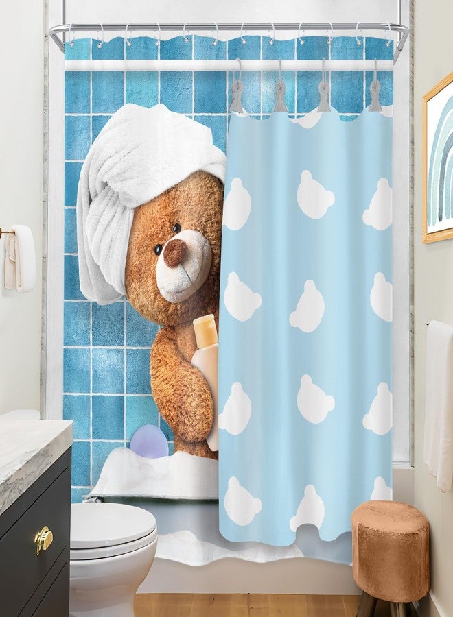 Riyidecor Funny Bear Shower Curtain 60Wx72H Inch Kids Cute Cartoon Blue Bathing Animal in Bathtub Bubbles Lovely Modern for Boys Girls Bathroom Decor Fabric Polyester Waterproof 12 Pack Hooks - Image 4