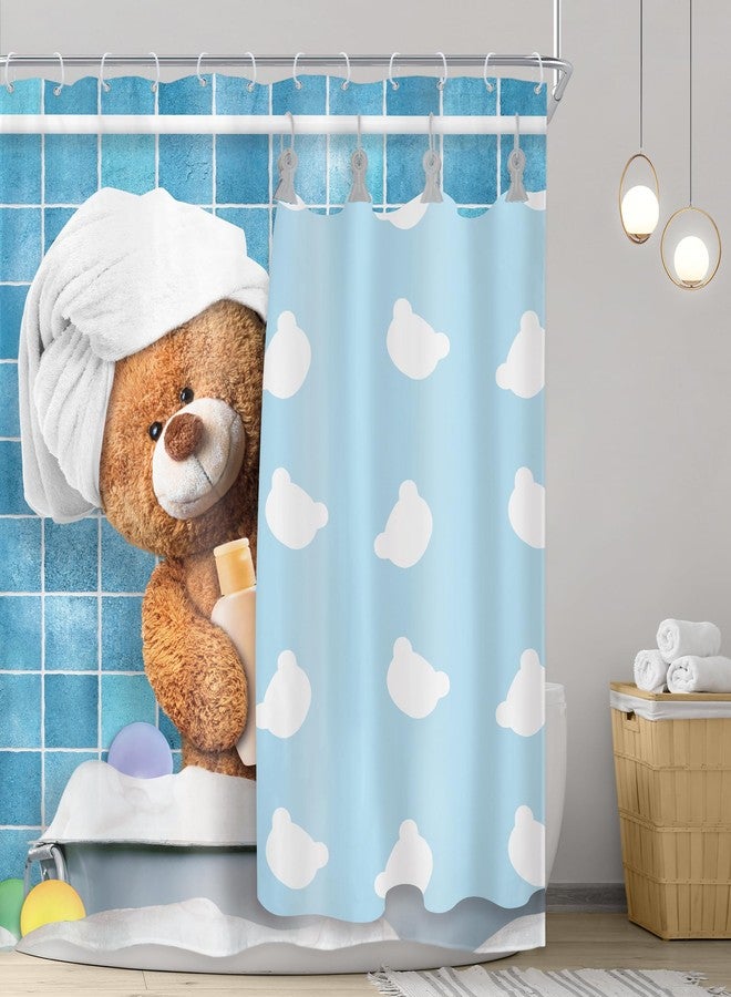 Riyidecor Funny Bear Shower Curtain 60Wx72H Inch Kids Cute Cartoon Blue Bathing Animal in Bathtub Bubbles Lovely Modern for Boys Girls Bathroom Decor Fabric Polyester Waterproof 12 Pack Hooks - Image 2