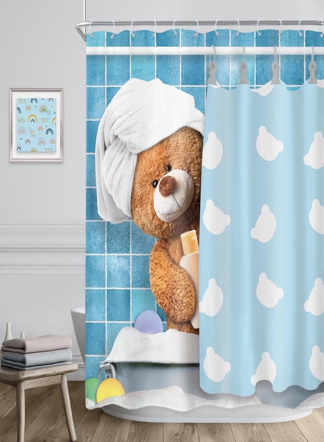 Riyidecor Funny Bear Shower Curtain 60Wx72H Inch Kids Cute Cartoon Blue Bathing Animal in Bathtub Bubbles Lovely Modern for Boys Girls Bathroom Decor Fabric Polyester Waterproof 12 Pack Hooks - Image 3