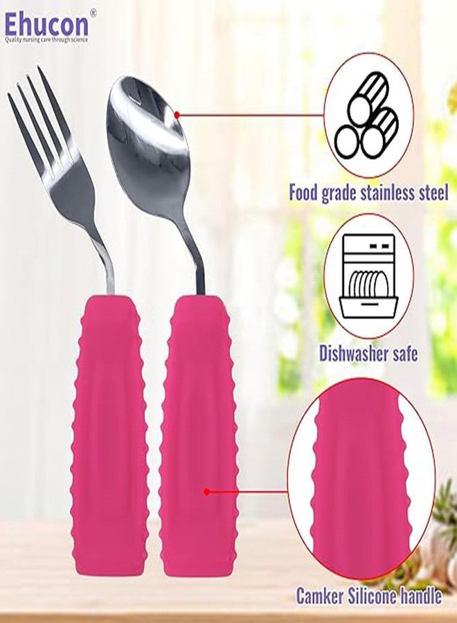 Ehucon Adaptive Utensils for Hand Tremors,Arthritis and Parkinsons -Weighted Silverware with Non-Slip Handle to Easy Grip,Eating Flatware for Elderly Use (Right Hand 1 pc Fork+1 pc Spoon=2 pcs,Pink) - Image 4