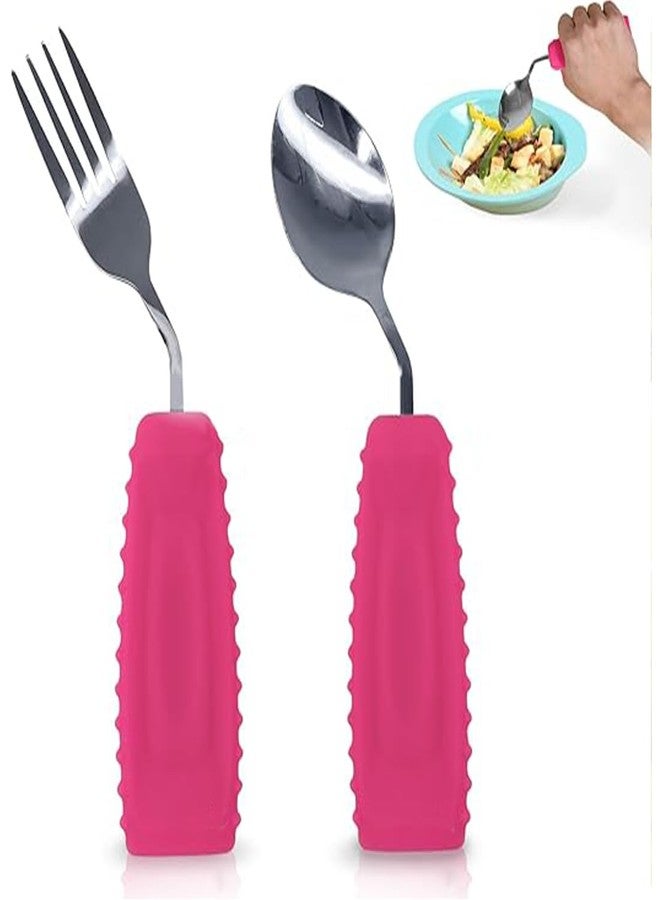 Ehucon Adaptive Utensils for Hand Tremors,Arthritis and Parkinsons -Weighted Silverware with Non-Slip Handle to Easy Grip,Eating Flatware for Elderly Use (Right Hand 1 pc Fork+1 pc Spoon=2 pcs,Pink) - Image 1