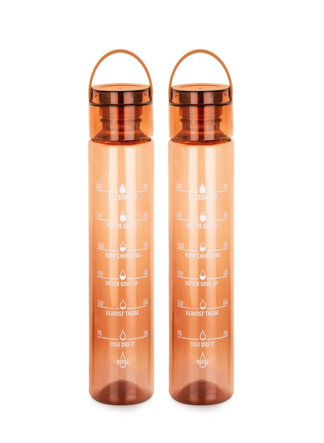 ATTRO Oxy Motivational 1000ml Water Bottle - Time Markers & Inspirational Slogans Mentioned Encourages More Water Intake, Easy-to-Carry Handle- Set of 2 Brown| Plastic - Image 1