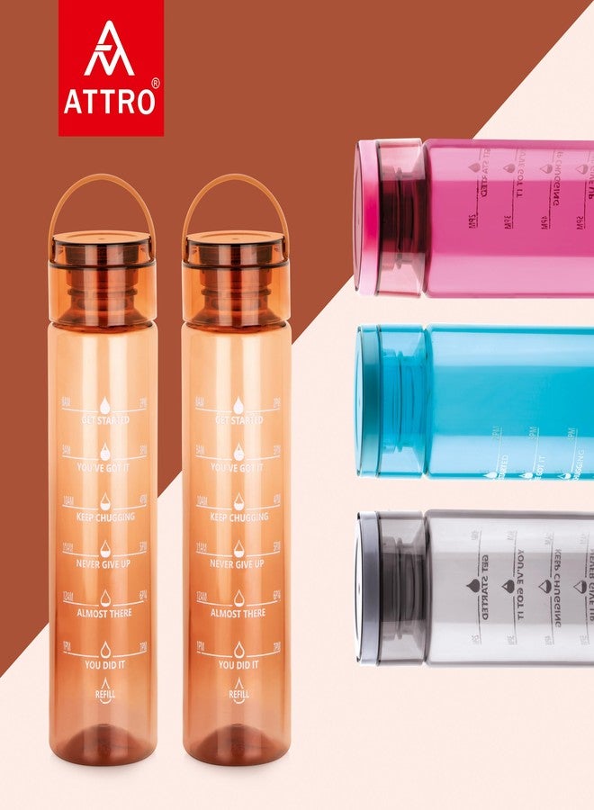ATTRO Oxy Motivational 1000ml Water Bottle - Time Markers & Inspirational Slogans Mentioned Encourages More Water Intake, Easy-to-Carry Handle- Set of 2 Brown| Plastic - Image 3