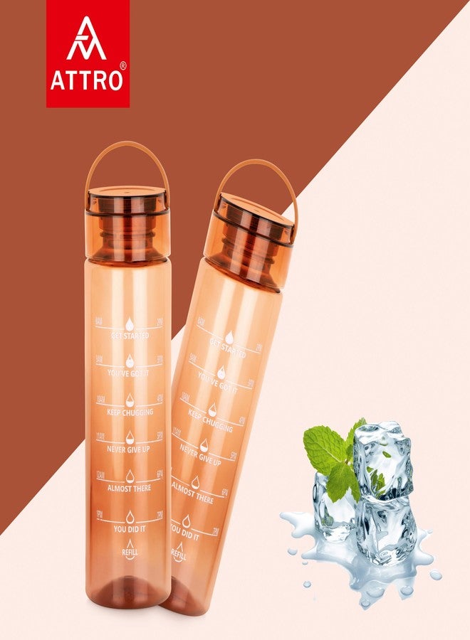 ATTRO Oxy Motivational 1000ml Water Bottle - Time Markers & Inspirational Slogans Mentioned Encourages More Water Intake, Easy-to-Carry Handle- Set of 2 Brown| Plastic - Image 4