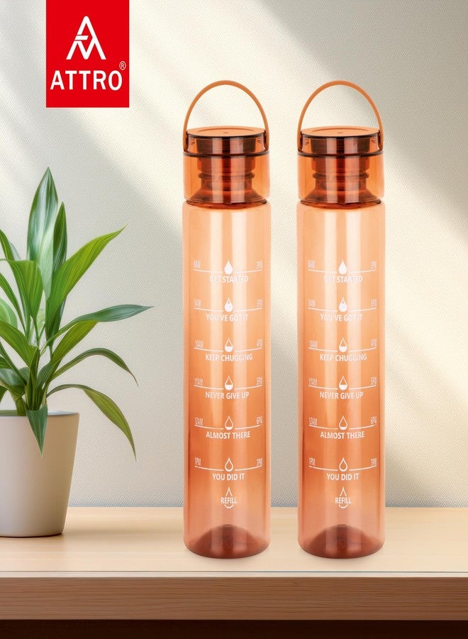 ATTRO Oxy Motivational 1000ml Water Bottle - Time Markers & Inspirational Slogans Mentioned Encourages More Water Intake, Easy-to-Carry Handle- Set of 2 Brown| Plastic - Image 2