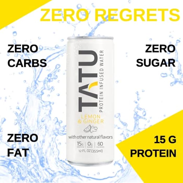 TATU Ready-To-Drink Protein Infused Water Lemon Ginger 4 Pack. 15 grams of whey protein isolate, 0 grams of sugar, only 60 calories. Lemon Ginger and Orange Mango. Gluten Free, lactose free. - Image 5