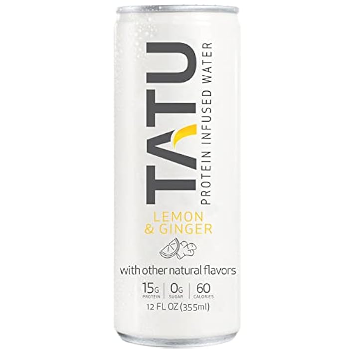 TATU Ready-To-Drink Protein Infused Water Lemon Ginger 4 Pack. 15 grams of whey protein isolate, 0 grams of sugar, only 60 calories. Lemon Ginger and Orange Mango. Gluten Free, lactose free. - Image 1
