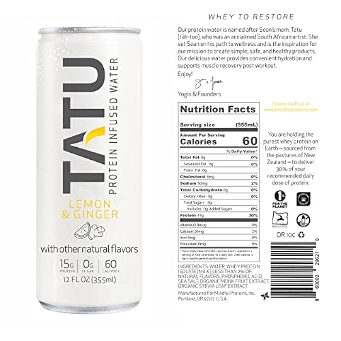 TATU Ready-To-Drink Protein Infused Water Lemon Ginger 4 Pack. 15 grams of whey protein isolate, 0 grams of sugar, only 60 calories. Lemon Ginger and Orange Mango. Gluten Free, lactose free. - Image 2