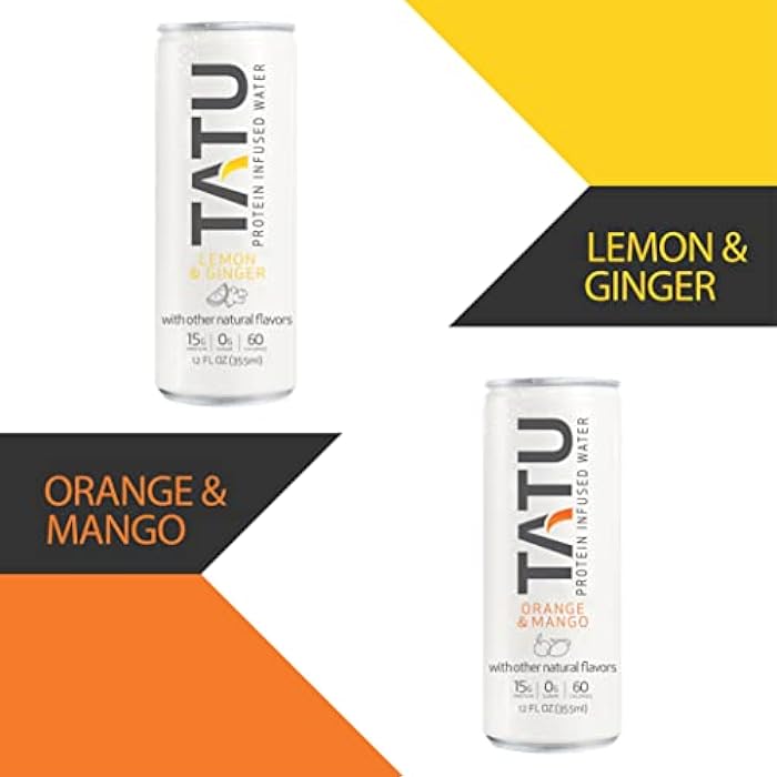 TATU Ready-To-Drink Protein Infused Water Lemon Ginger 4 Pack. 15 grams of whey protein isolate, 0 grams of sugar, only 60 calories. Lemon Ginger and Orange Mango. Gluten Free, lactose free. - Image 3