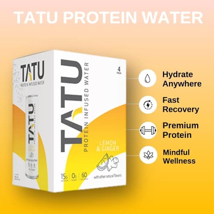 TATU Ready-To-Drink Protein Infused Water Lemon Ginger 4 Pack. 15 grams of whey protein isolate, 0 grams of sugar, only 60 calories. Lemon Ginger and Orange Mango. Gluten Free, lactose free. - Image 4