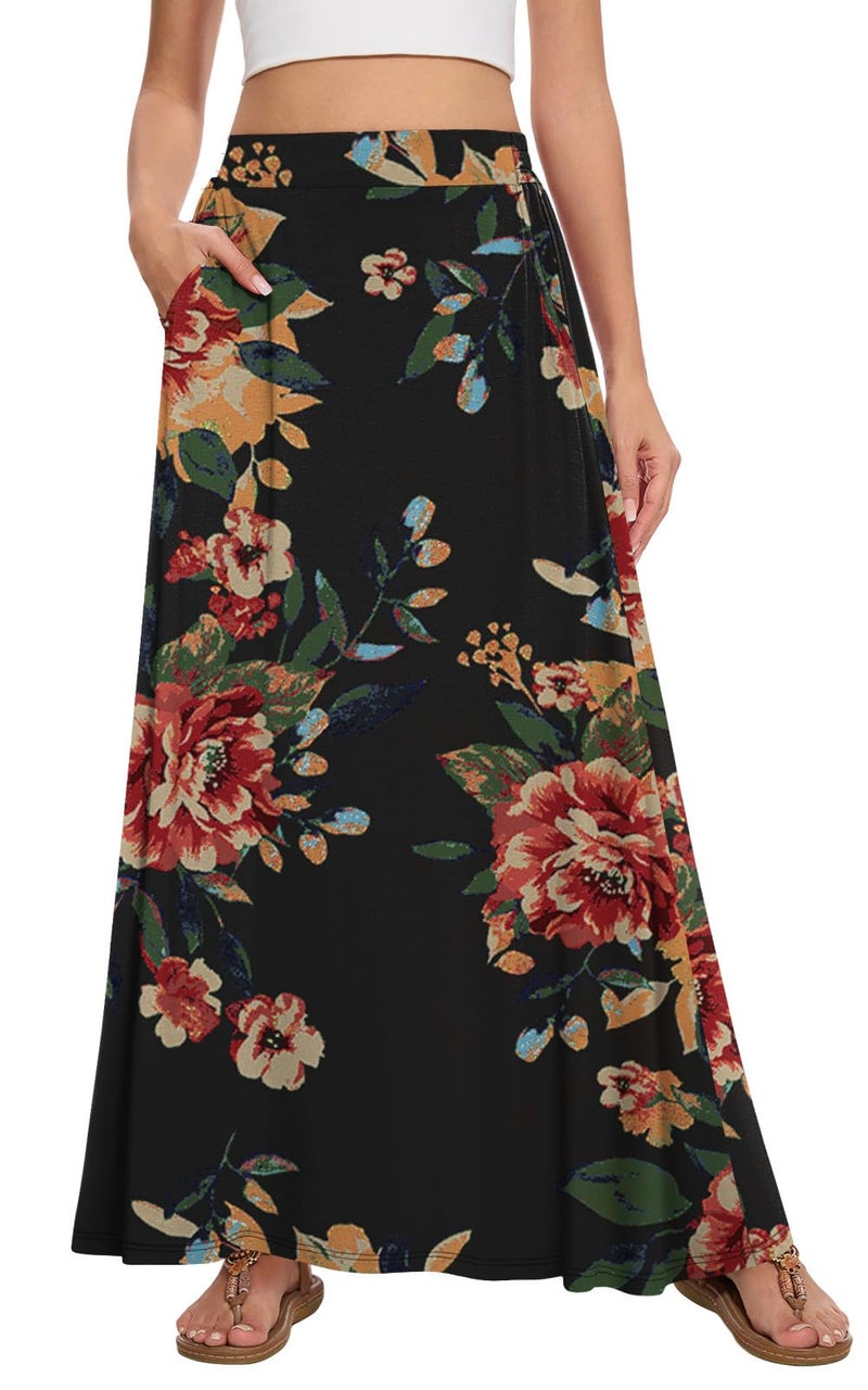 Leafsay Womens Maxi A-line Long Summer Skirt Elastic High Waist Flowy Skirt with Pockets(Brown Floral Black,M) - Image 1