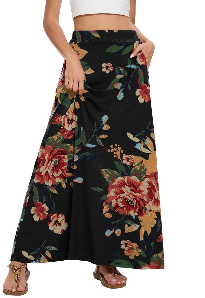Leafsay Womens Maxi A-line Long Summer Skirt Elastic High Waist Flowy Skirt with Pockets(Brown Floral Black,M) - Image 2