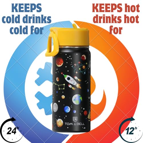 TOM  BELL TOM & BELL Insulated Water Bottle for Kids 500ml,Double Wall Water Bottle for School, Sipper Bottle,Hot and Cold, Premium 304 Stainless Steel (Pitch black, 500ml) - Image 2