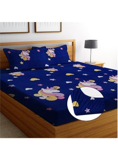 VKOM VKOM 244TC Glace Cotton 78x72 Elastic Fitted Bedsheet Super Double Bed Size Cartoon Printed Fitted Sheet Elasticated Fitted Bedspread with 2 Pillow Covers Blue  - Image 1