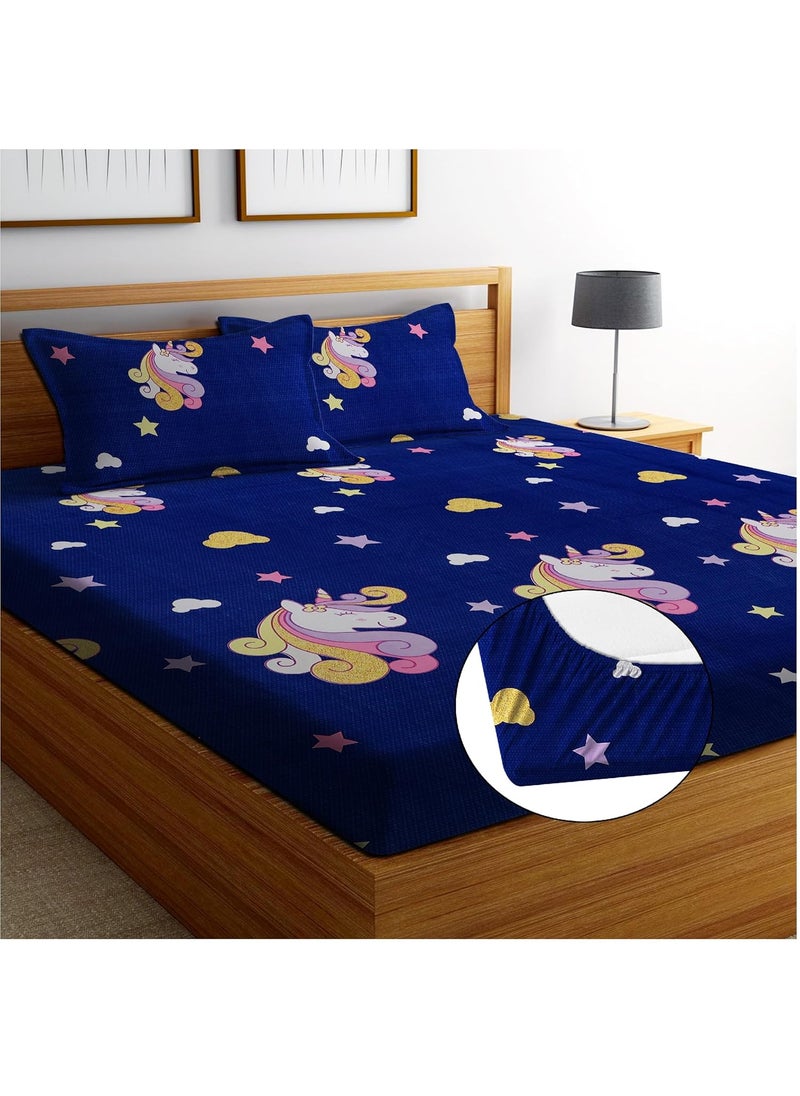 VKOM - VKOM 244TC Glace Cotton 78x72 Elastic Fitted Bedsheet Super Double Bed Size Cartoon Printed Fitted Sheet Elasticated Fitted Bedspread with 2 Pillow Covers Blue - Image 1