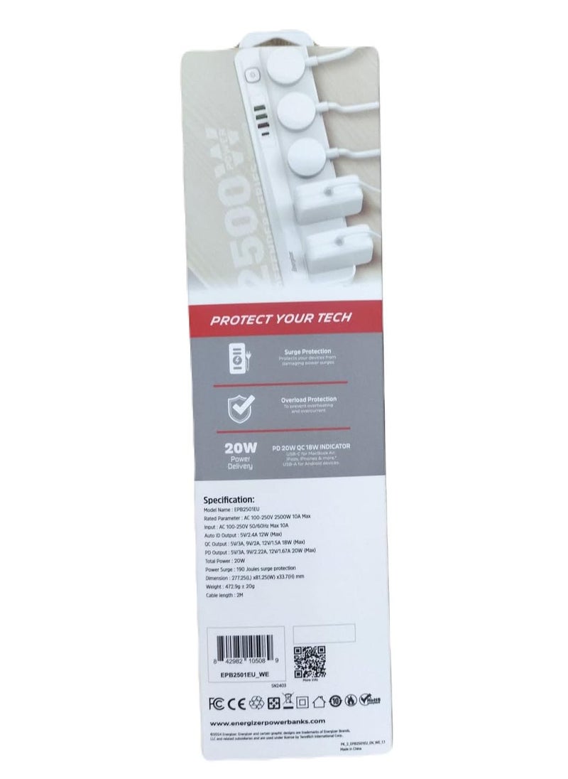 Energizer - Energizer Max Power Strip 10A with Smart overload protection surge 5Output and 3 ports QC18w USB A And PD20w/2500w model epb2501eu - Image 1